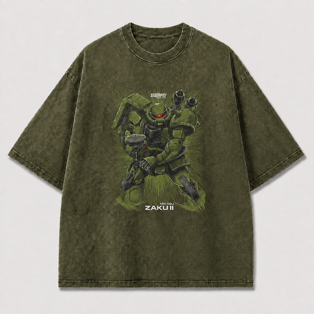 Oversized Olive Mecha Graphic Tee – Dynamic Line-Art Print Top