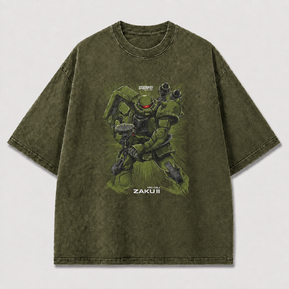 Oversized Olive Mecha Graphic Tee – Dynamic Line-Art Print Top