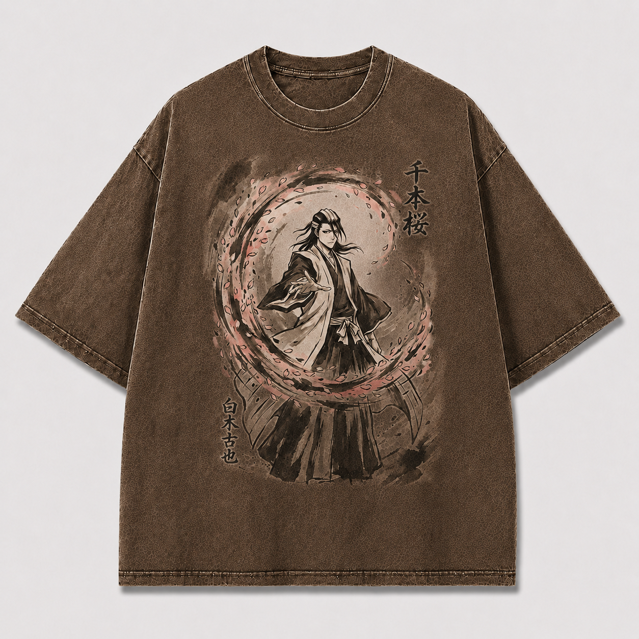 Oversized Cherry Blossom Samurai Ink Graphic Tee – Japanese Ink Wash Streetwear Shirt