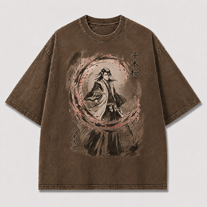 Oversized Cherry Blossom Samurai Ink Graphic Tee – Japanese Ink Wash Streetwear Shirt