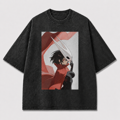 Horned Mask Girl Portrait Graphic Print Oversized Tee