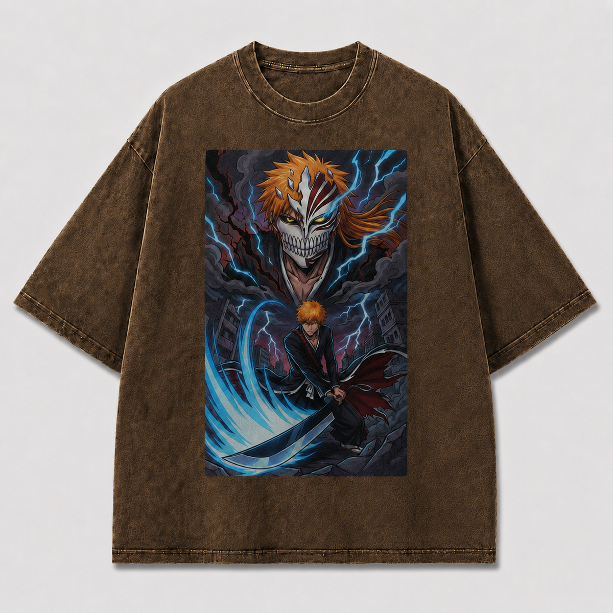 Oversized Streetwear Graphic Tee – Half Mask Cyan Blade Print