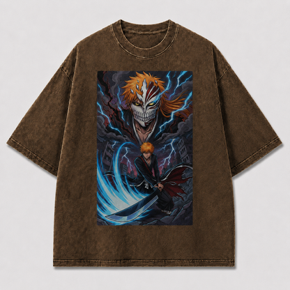 Oversized Streetwear Graphic Tee – Half Mask Cyan Blade Print