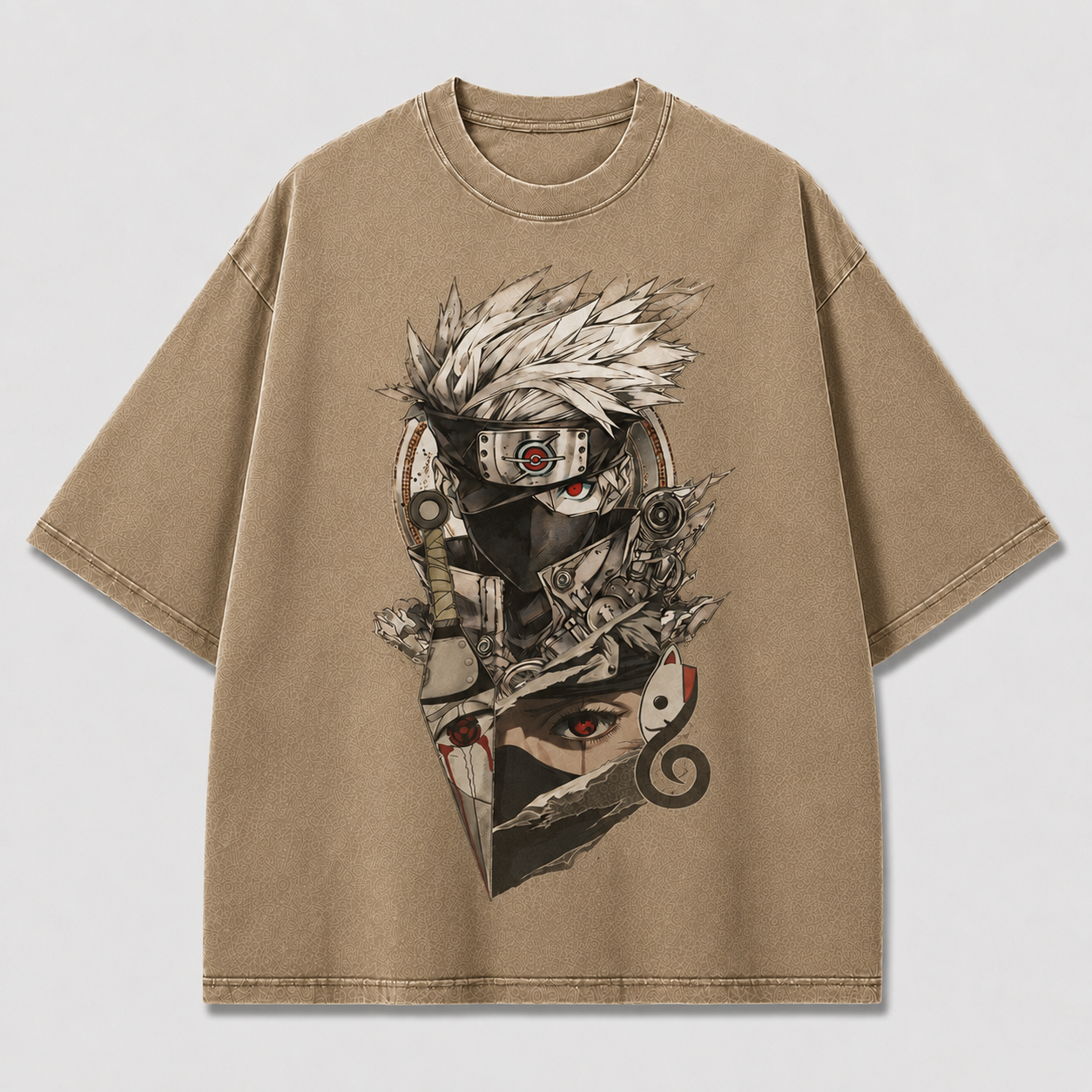 Oversized Streetwear Graphic Tee – Torn Split-Panel Masked Portrait Print