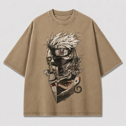 Oversized Streetwear Graphic Tee – Torn Split-Panel Masked Portrait Print
