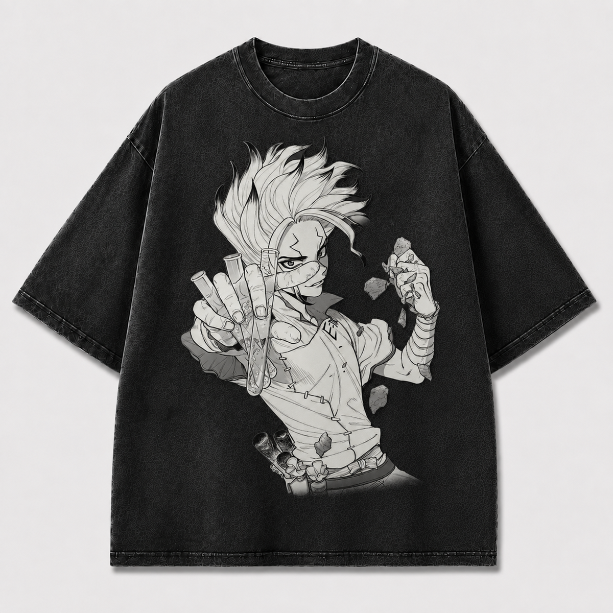 Oversized Manga Scientist Graphic Tee – Monochrome Print Top