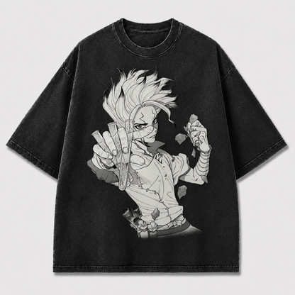 Oversized Manga Scientist Graphic Tee – Monochrome Print Top