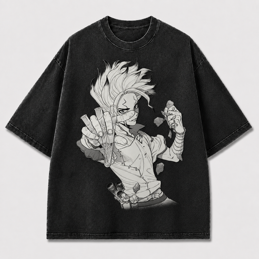 Oversized Manga Scientist Graphic Tee – Monochrome Print Top