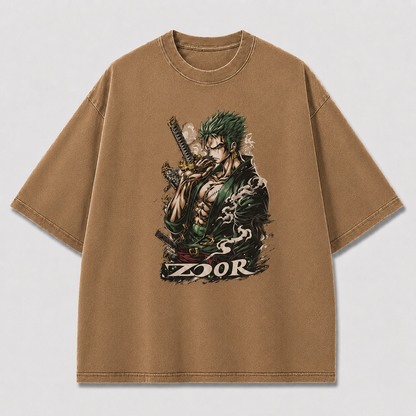Oversized Graphic Print T-Shirt – Green-Haired Swordsman Streetwear Tee