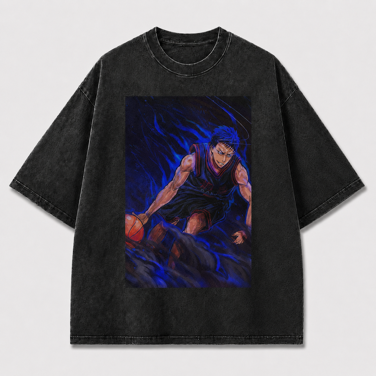 Oversized Blue Flame Basketball Graphic Tee – Dynamic Print Top