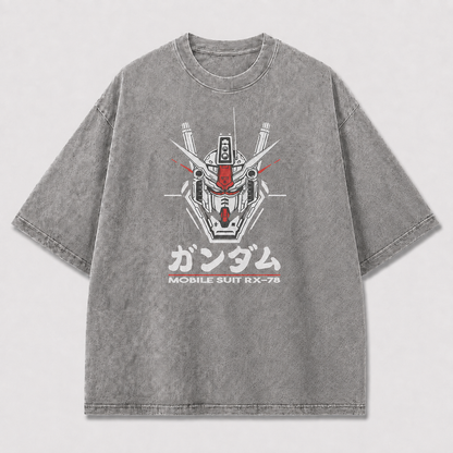 Oversized Mecha Head Graphic Tee – Bold Emblem Print Top