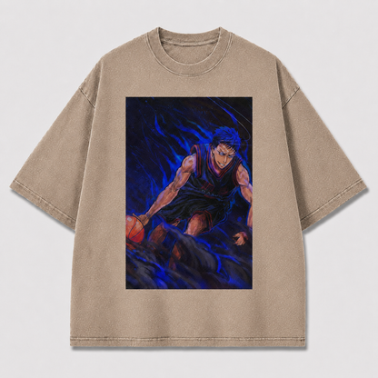 Oversized Blue Flame Basketball Graphic Tee – Dynamic Print Top