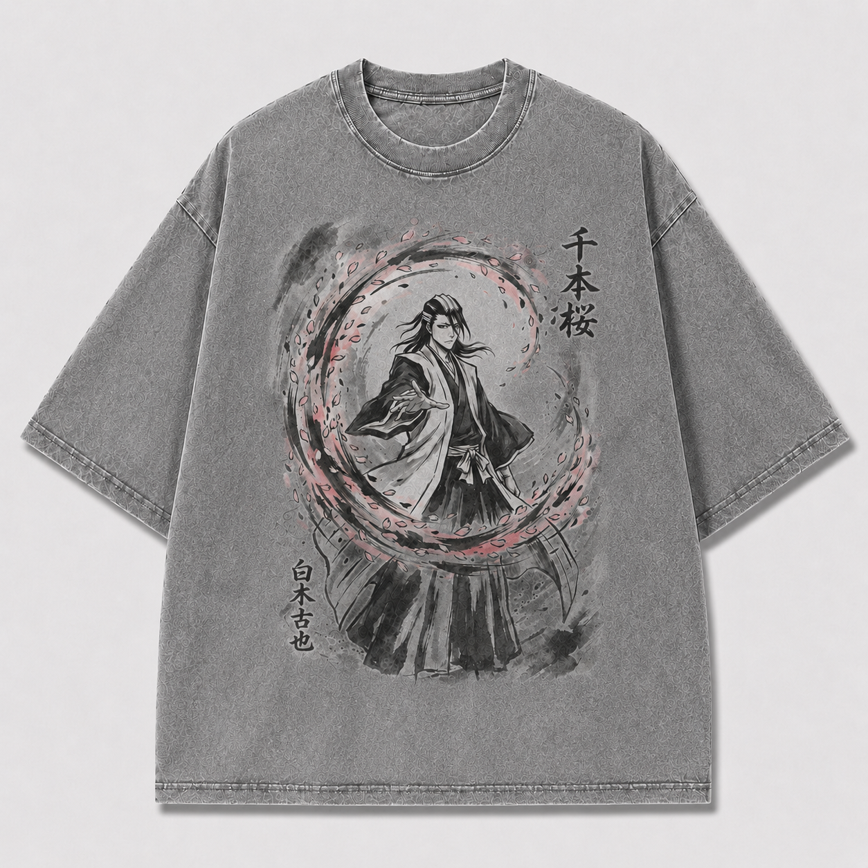 Oversized Cherry Blossom Samurai Ink Graphic Tee – Japanese Ink Wash Streetwear Shirt