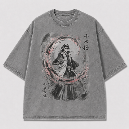 Oversized Cherry Blossom Samurai Ink Graphic Tee – Japanese Ink Wash Streetwear Shirt