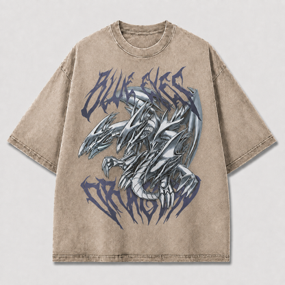 Oversized Metallic Dragon Graphic Tee – Gothic Lettering Print Top