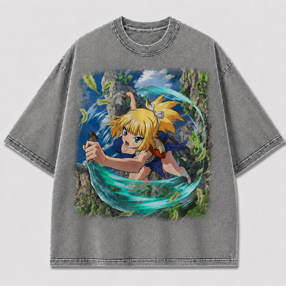 Dual Blade Warrior Girl Graphic Print Oversized Tee