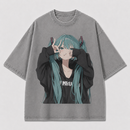 Oversized Graphic Print T-Shirt – Twin-Tail Waifu Streetwear Tee
