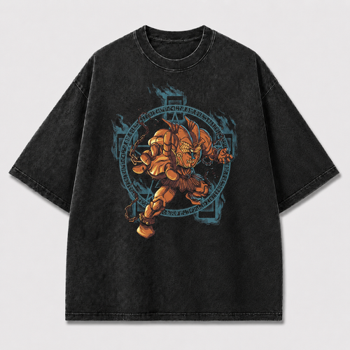 Oversized Bronze Warrior Graphic Tee – Runic Circle Print Top