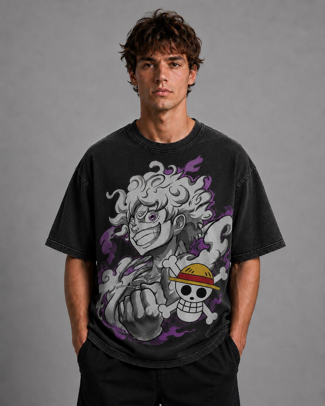 Oversized Streetwear Graphic Tee – Purple Mist Grayscale Portrait Print