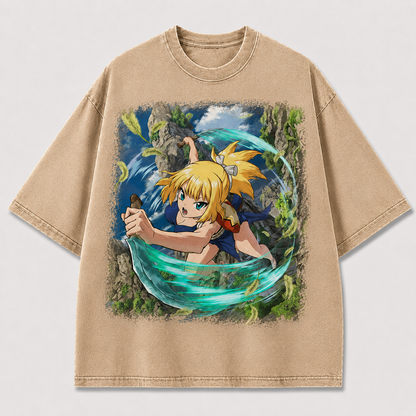 Dual Blade Warrior Girl Graphic Print Oversized Tee