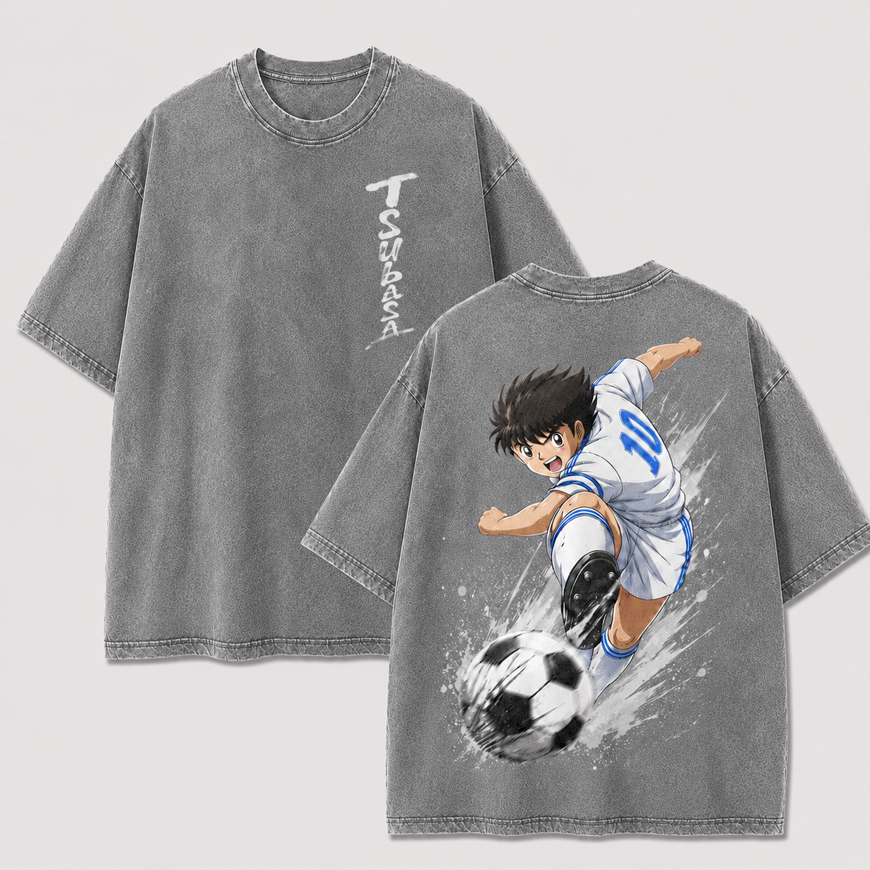 Tsubasa Ozora vintage washed anime soccer shirt in gray with front and back graphics