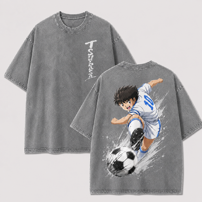 Tsubasa Ozora vintage washed anime soccer shirt in gray with front and back graphics