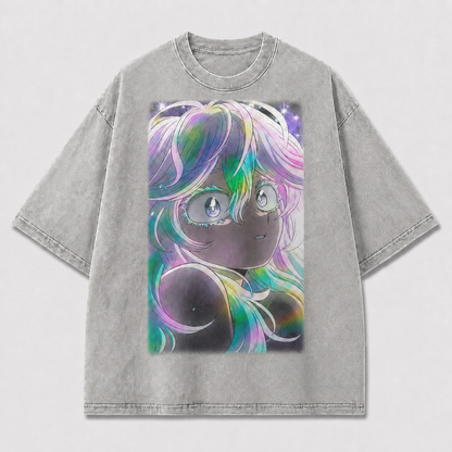 Oversized Iridescent Portrait Graphic Tee – Starlit Print Top