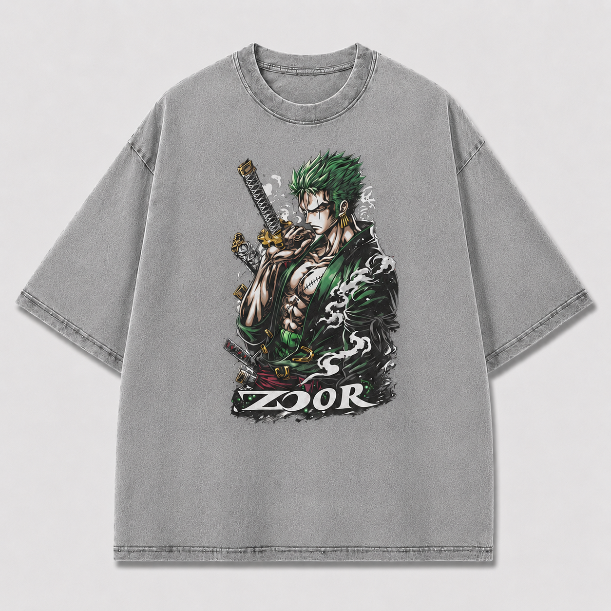 Oversized Graphic Print T-Shirt – Green-Haired Swordsman Streetwear Tee