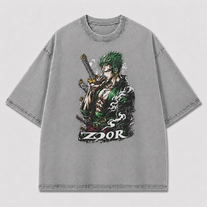 Oversized Graphic Print T-Shirt – Green-Haired Swordsman Streetwear Tee