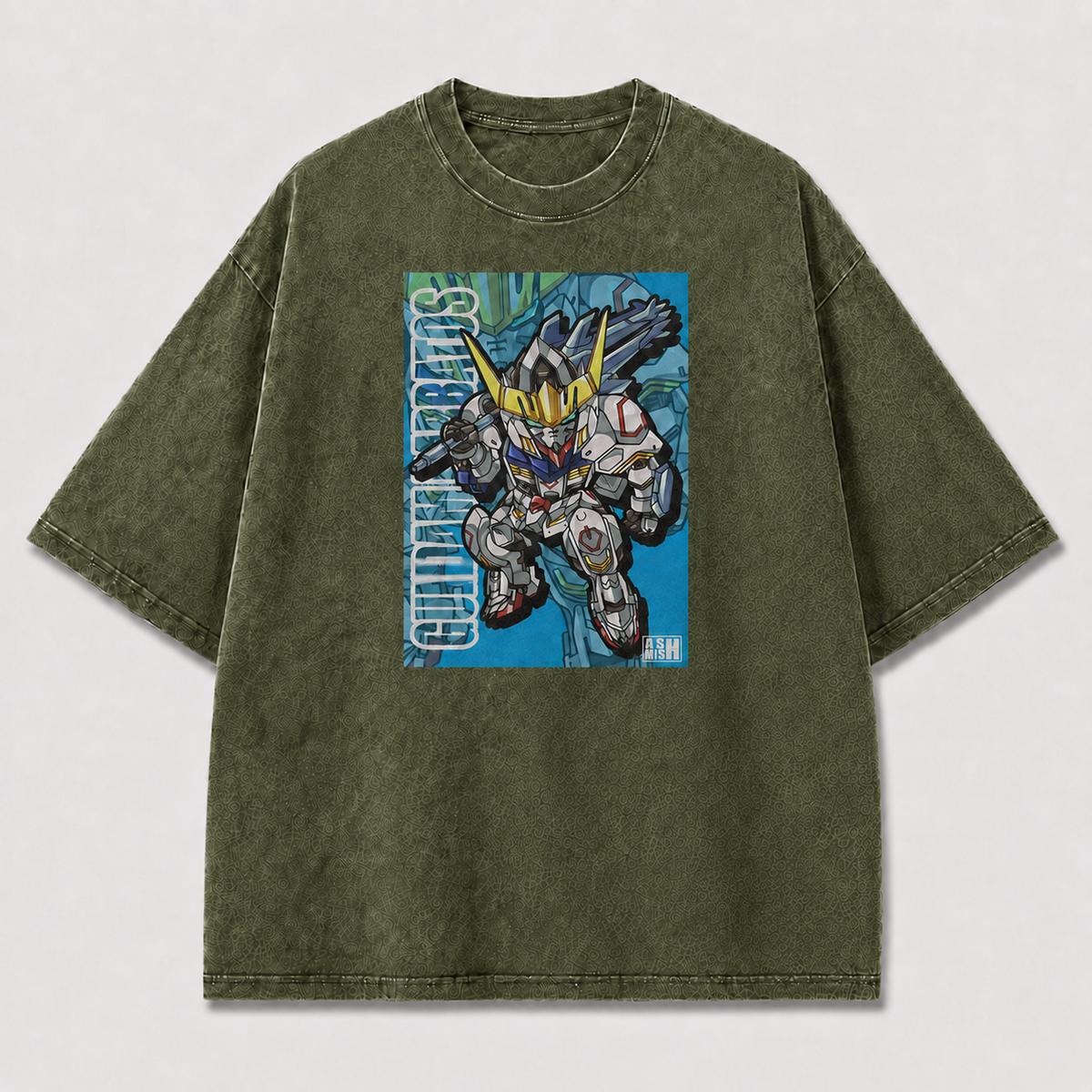 Oversized Blue Poster Mecha Graphic Tee – Dynamic Print Top