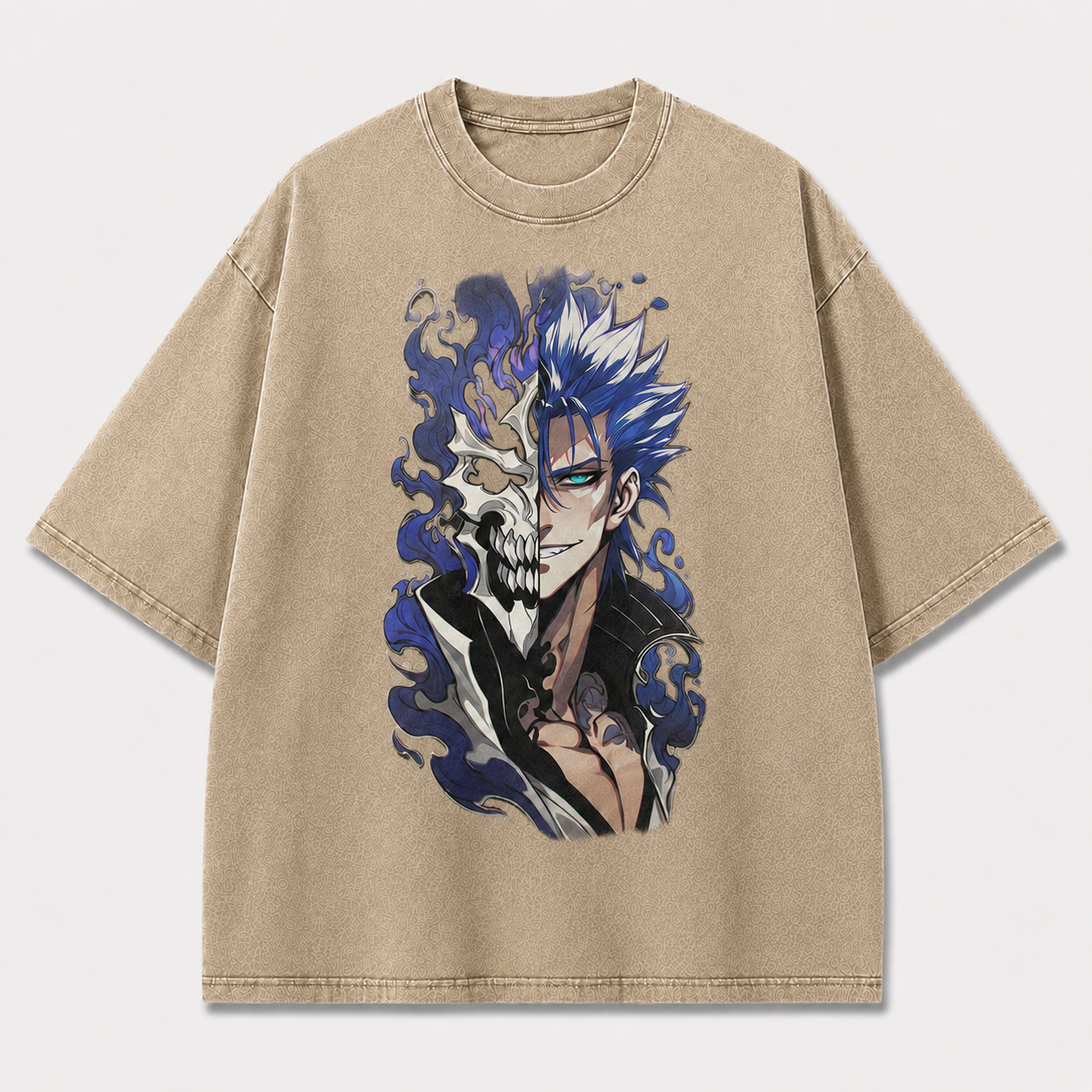 Oversized Streetwear Graphic Tee – Blue Flame Split Skull Print