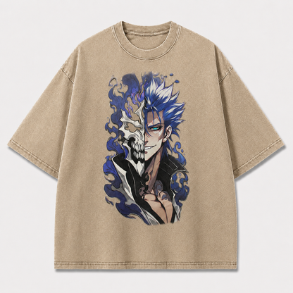 Oversized Streetwear Graphic Tee – Blue Flame Split Skull Print