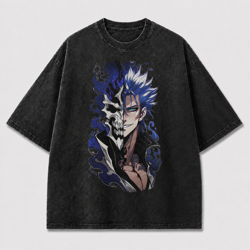 Oversized Streetwear Graphic Tee – Blue Flame Split Skull Print