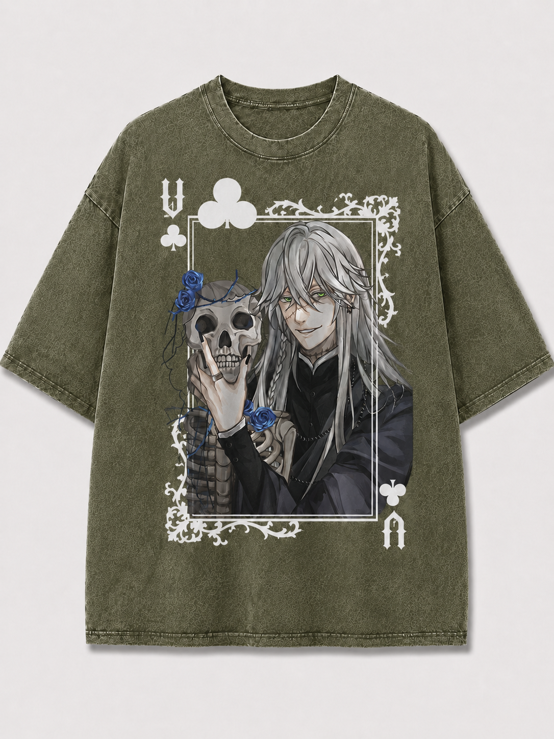Oversized Blue Rose Skull Card Graphic Tee – Ornate Print Top