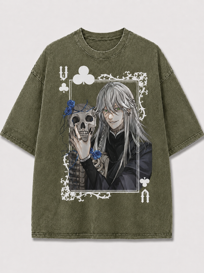 Oversized Blue Rose Skull Card Graphic Tee – Ornate Print Top