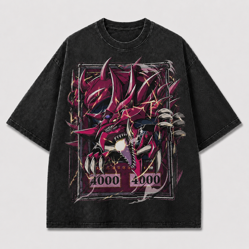 Oversized Crimson Horned Beast Graphic Tee – Card-Frame Print Top