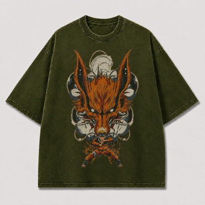 Oversized Streetwear Graphic Tee – Nine-Tailed Fox Beast Print