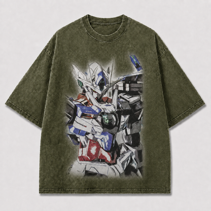 Oversized Grunge Sketch Mecha Graphic Tee – Faded Print Top