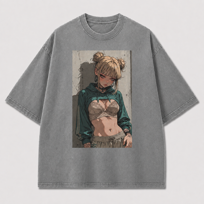 Oversized Manga Grin Graphic Tee – Monochrome Print Top - Waifu