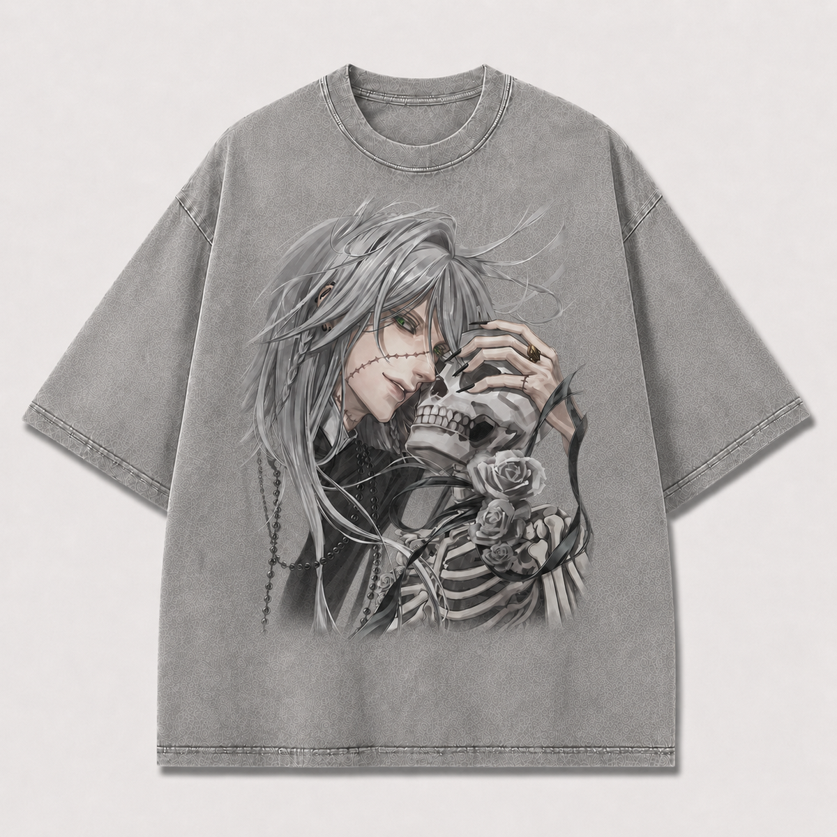 Oversized Gothic Skull Portrait Graphic Tee – Rose Print Top