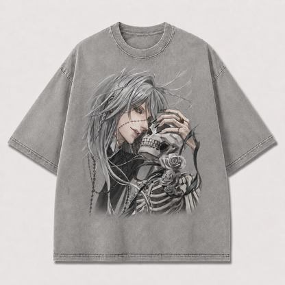 Oversized Gothic Skull Portrait Graphic Tee – Rose Print Top