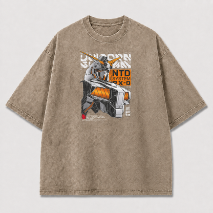 Oversized Horned Mecha Graphic Tee – Tech Poster Print Top