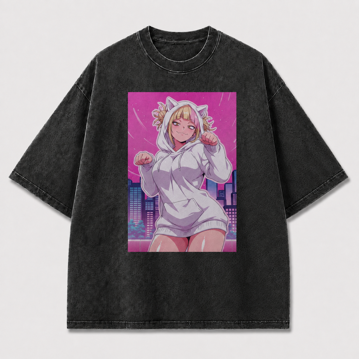 Oversized Neon City Character Graphic Tee – Playful Print Top