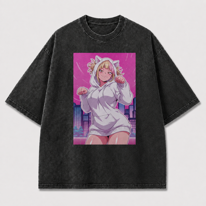 Oversized Neon City Character Graphic Tee – Playful Print Top