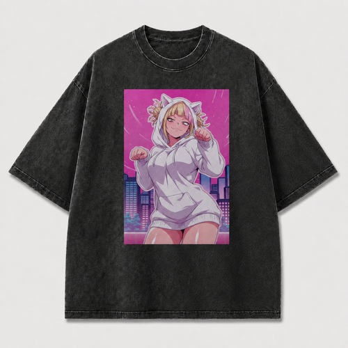 Oversized Neon City Character Graphic Tee – Playful Print Top