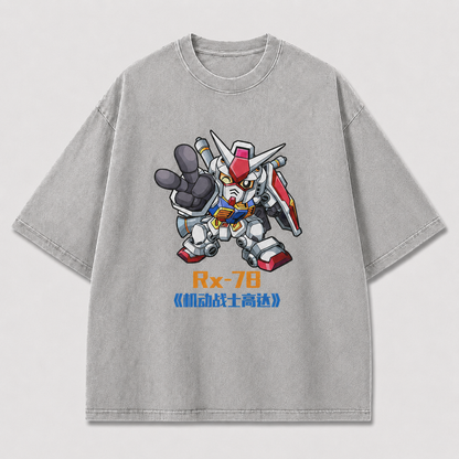 Oversized Chibi Mecha Pose Graphic Tee – Playful Print Top