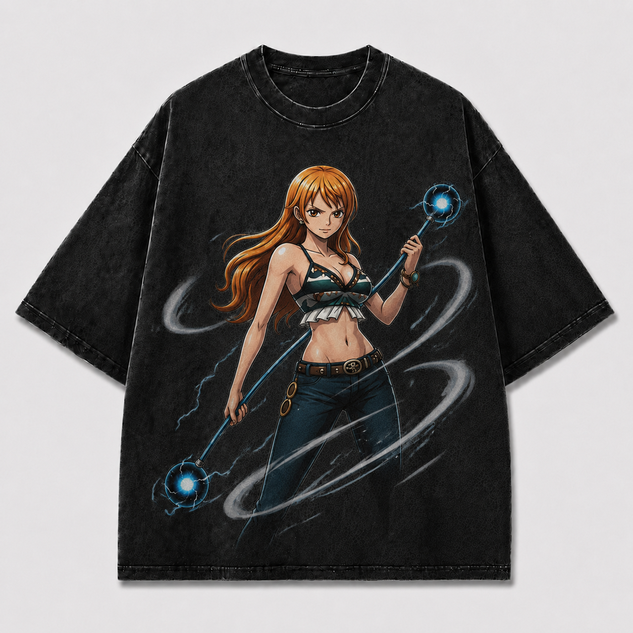 Oversized Streetwear Graphic Tee – Twin Orb Staff Weapon Print