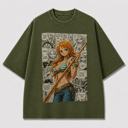 Oversized Graphic Print T-Shirt – Pirate Waifu Manga Streetwear Tee