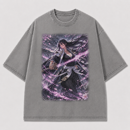 Oversized Violet Blade Swordswoman Graphic Tee – Dark Fantasy Streetwear Shirt