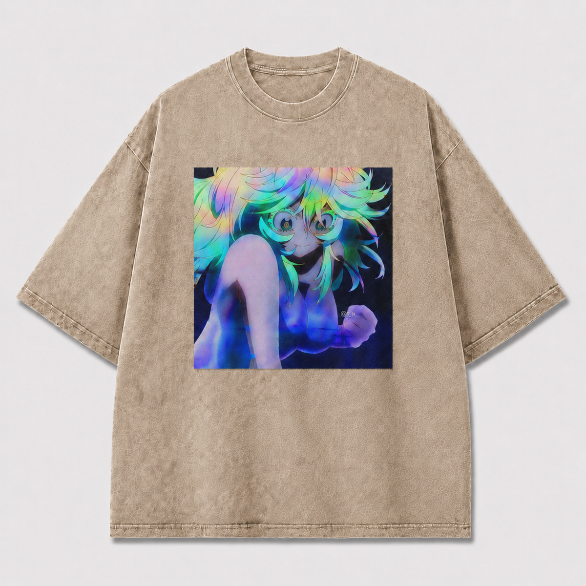 Oversized Holographic Portrait Graphic Tee – Rainbow Print Top